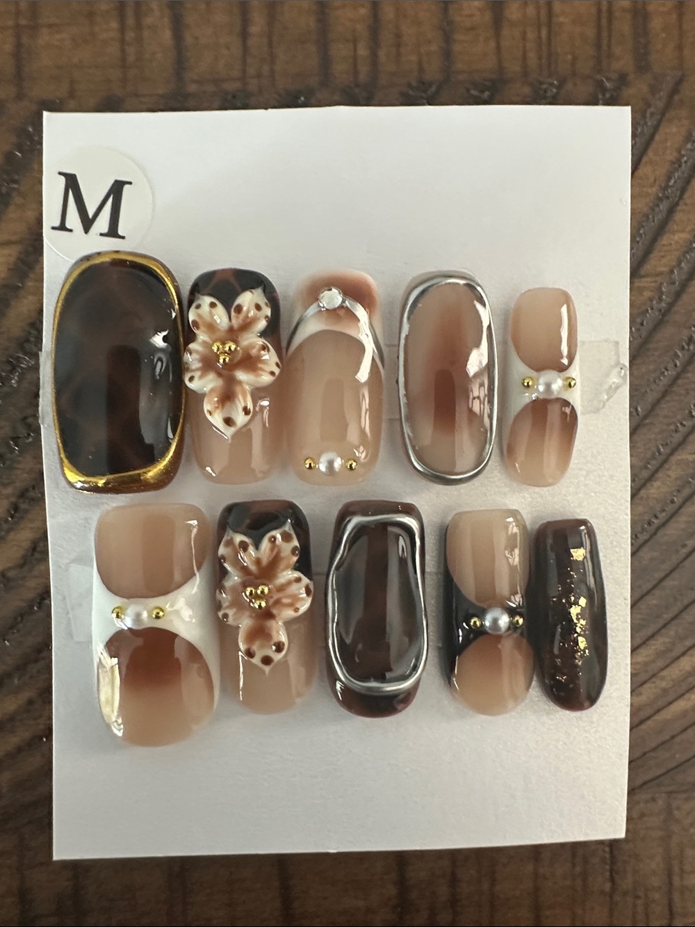 Neutral Brown Ombre Press-On Nails with Floral Accent